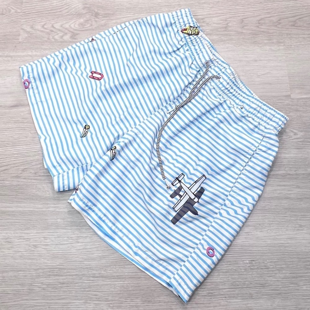 Boardies Apparel Mens Blue White‎ Striped Airplane Boat Swim Trunks Size Small